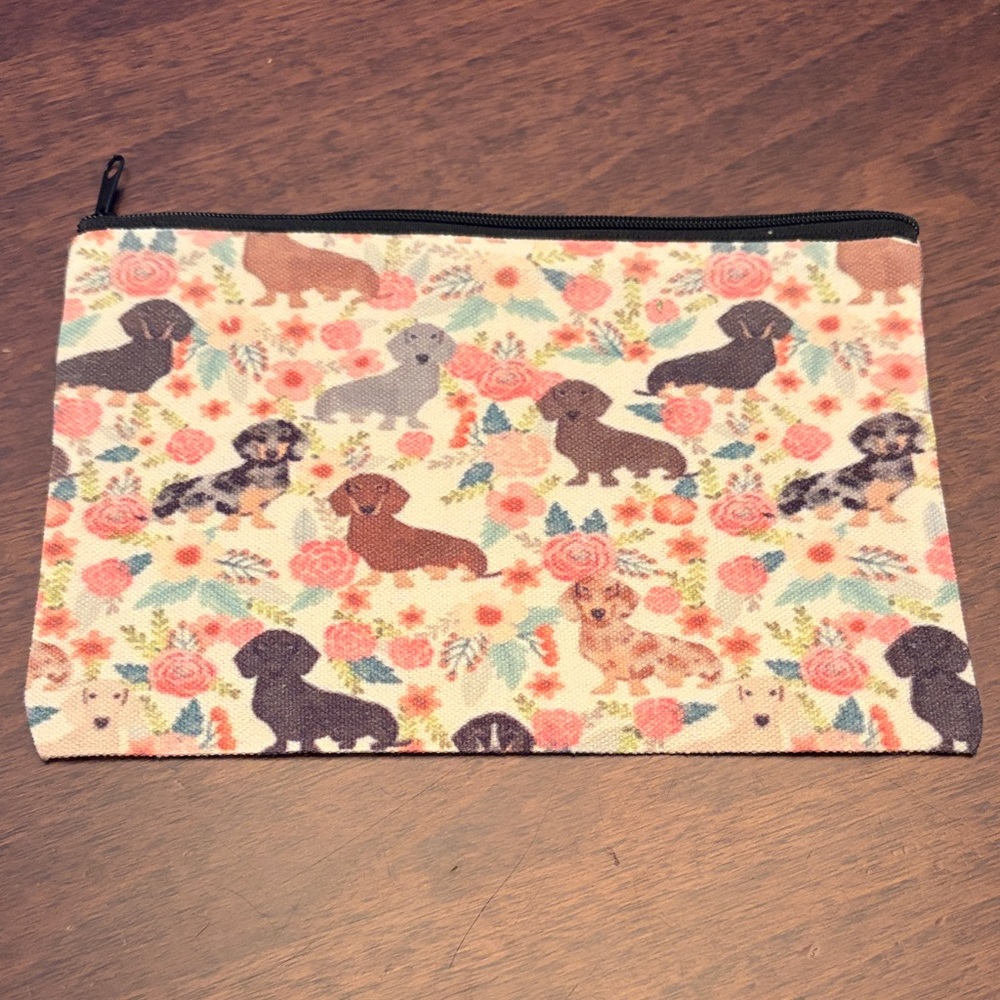 Dachshund Floral Canvas Zipper Pouch - Cream & Multi